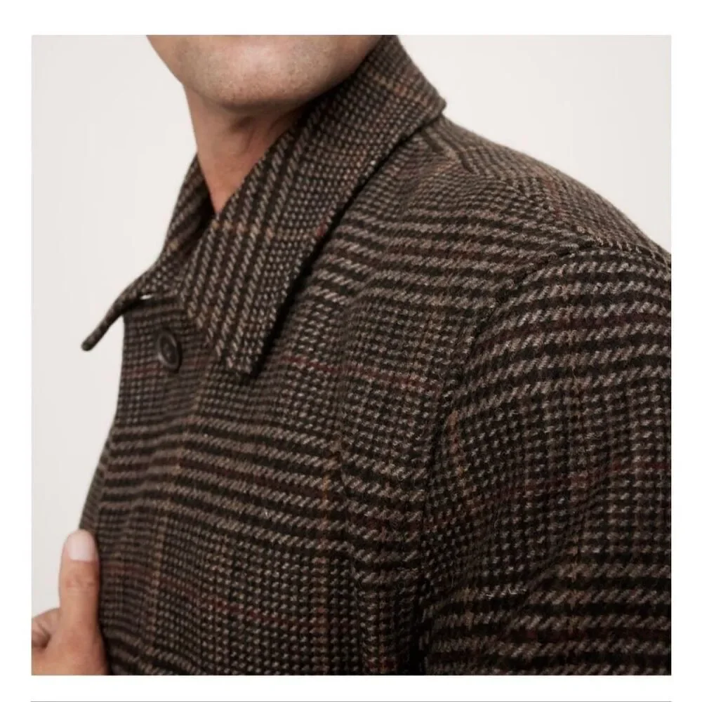 Banana Republic Men’s Houndstooth Brown Plaid Wool Blend Long Line Carcoat
